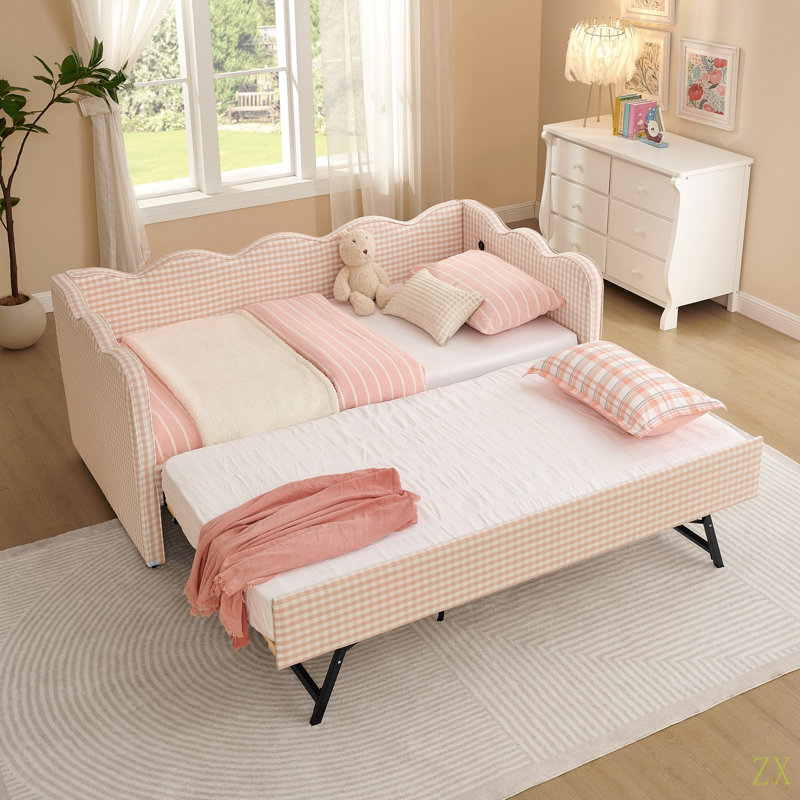August Grove® Cozy Gingham Daybed With Trundle Twin Size Sofa Bed